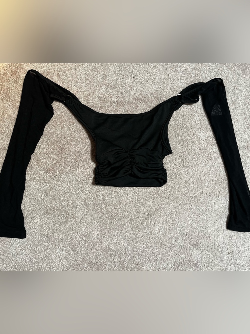 Rave Ruched Black with Mesh Long-Sleeve Crop Top Off the Shoulders